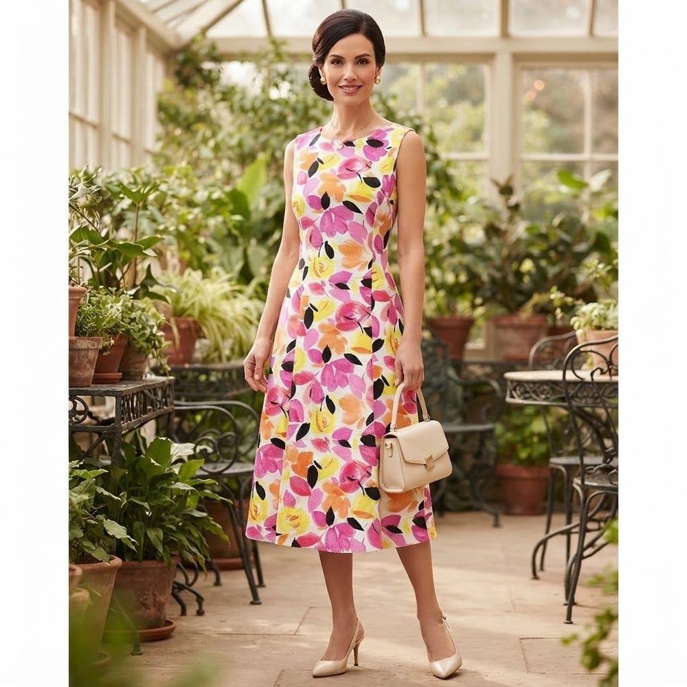 Linea Domani Floral Dress Womens 8 Pink Yellow Sleeveless Cotton Party Wedding